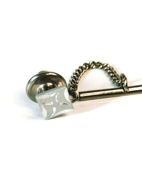 Vintage Silver Tone Tie Tack Starburst Atomic Design Mid Century Chain
